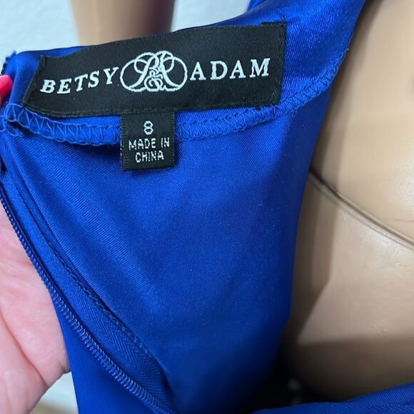 Betsy & Adam Blue Prom Gown Sz 8 VNeck Spaghetti Straps Tie Backless Pleated - Picture 12 of 15